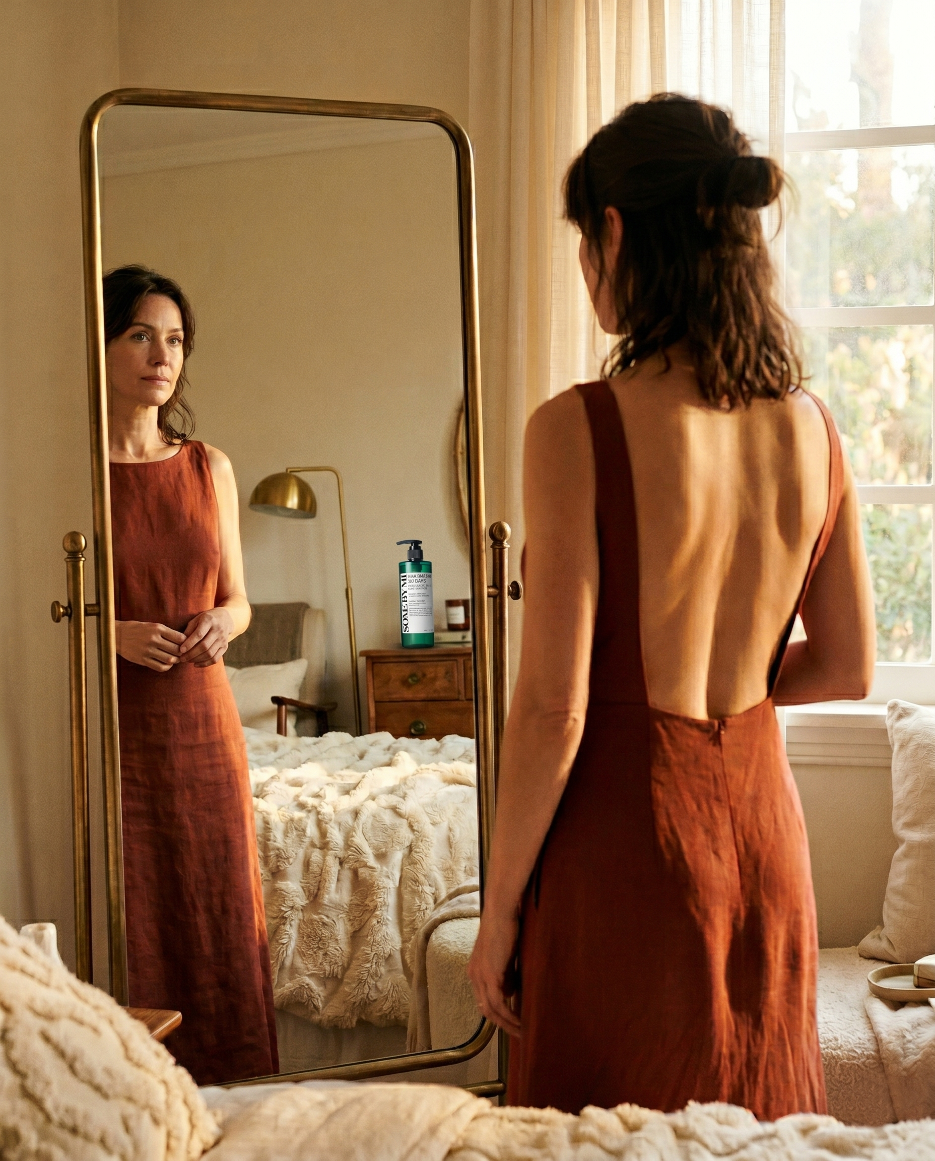 Woman in backless dress looking in mirror — she got back to herself