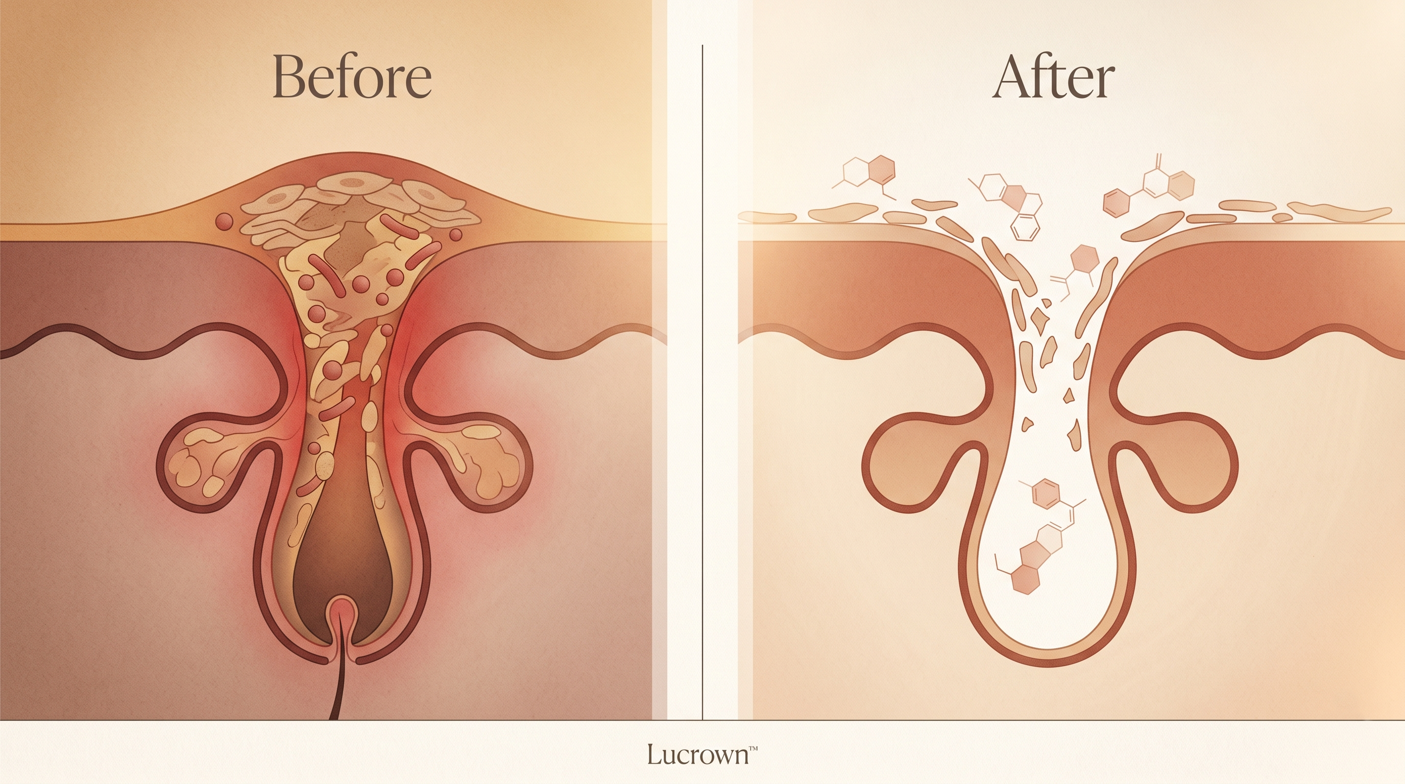 Before and after — clogged pore vs cleared pore diagram