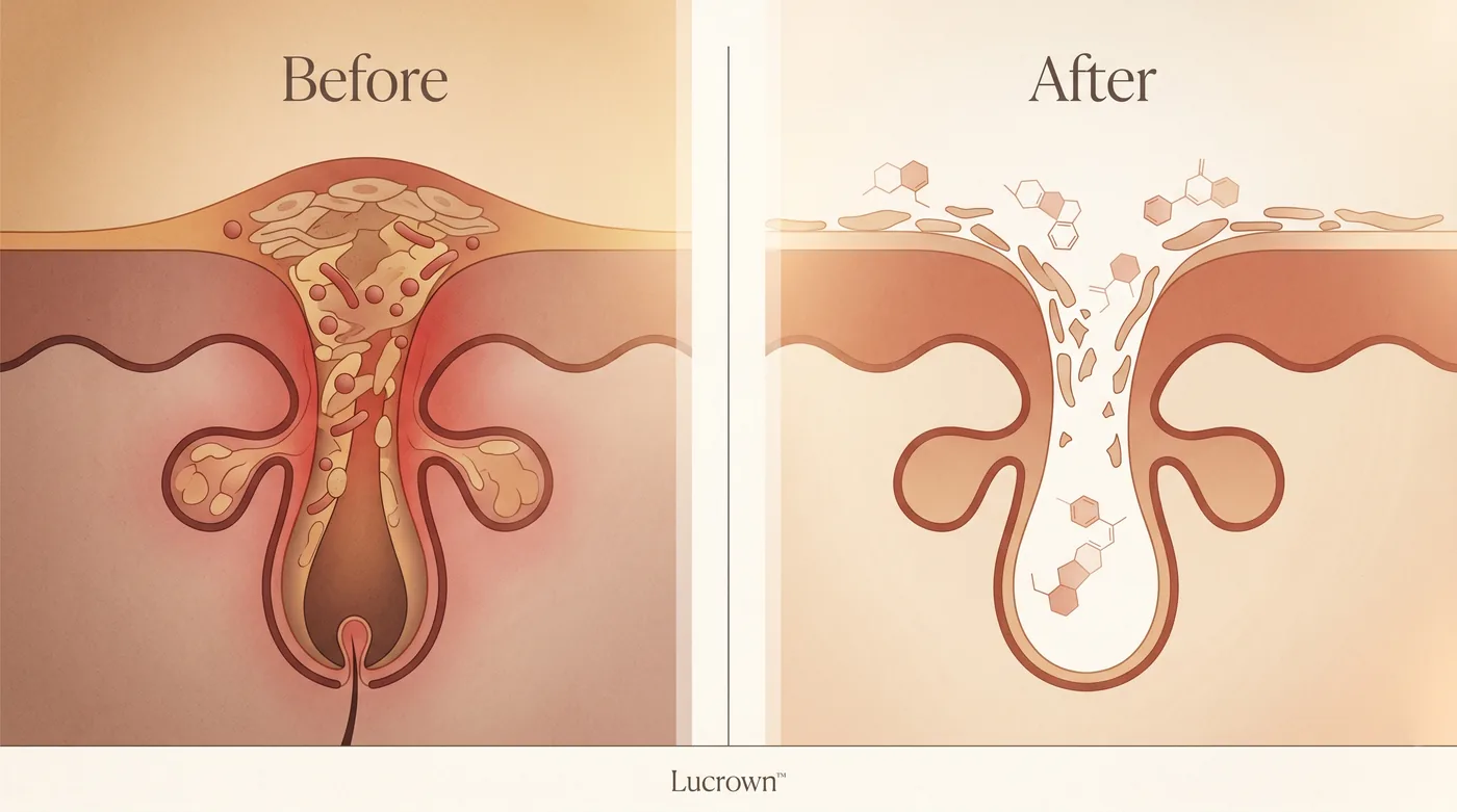 Before and after — clogged pore vs cleared pore diagram