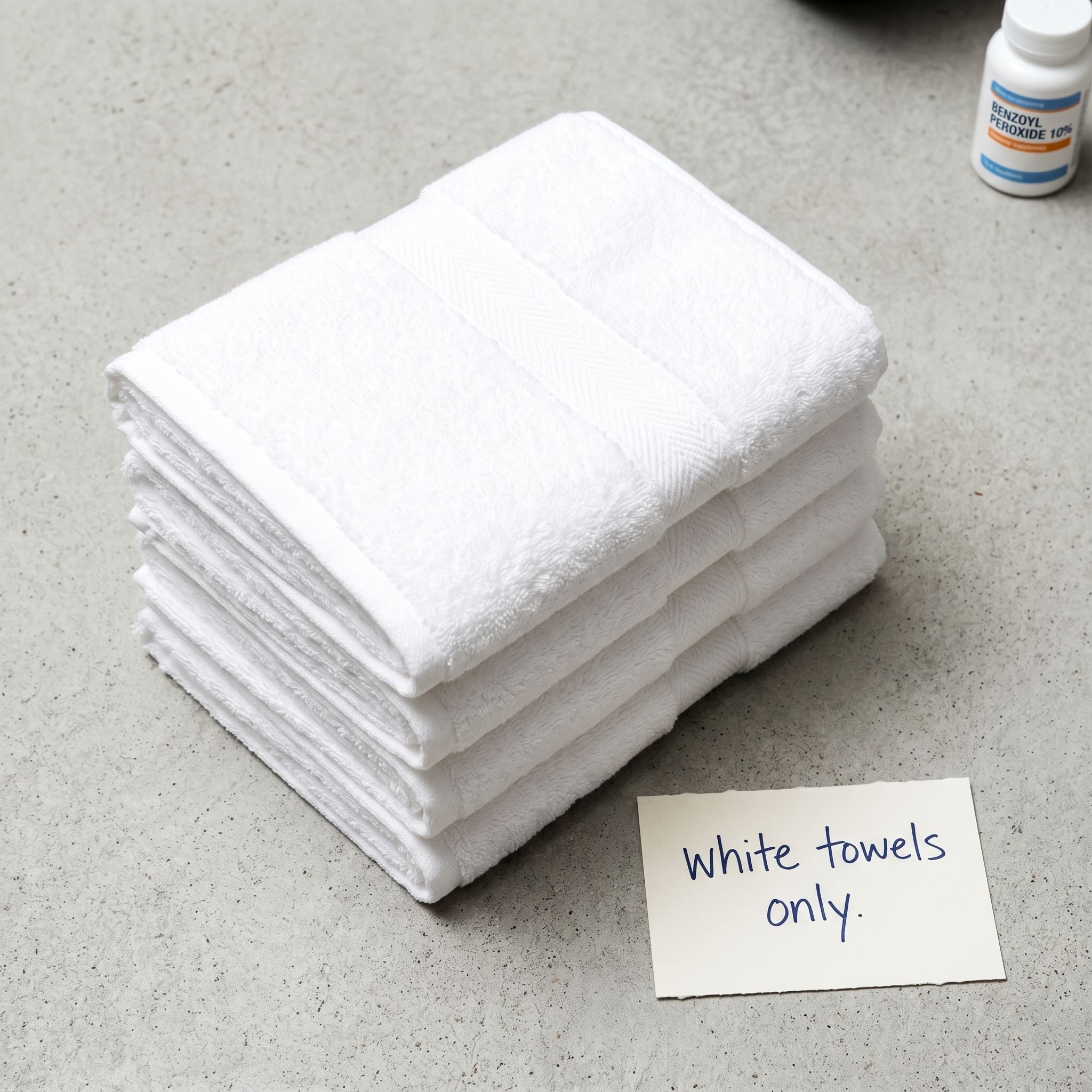 Stack of white towels with note saying white towels only
