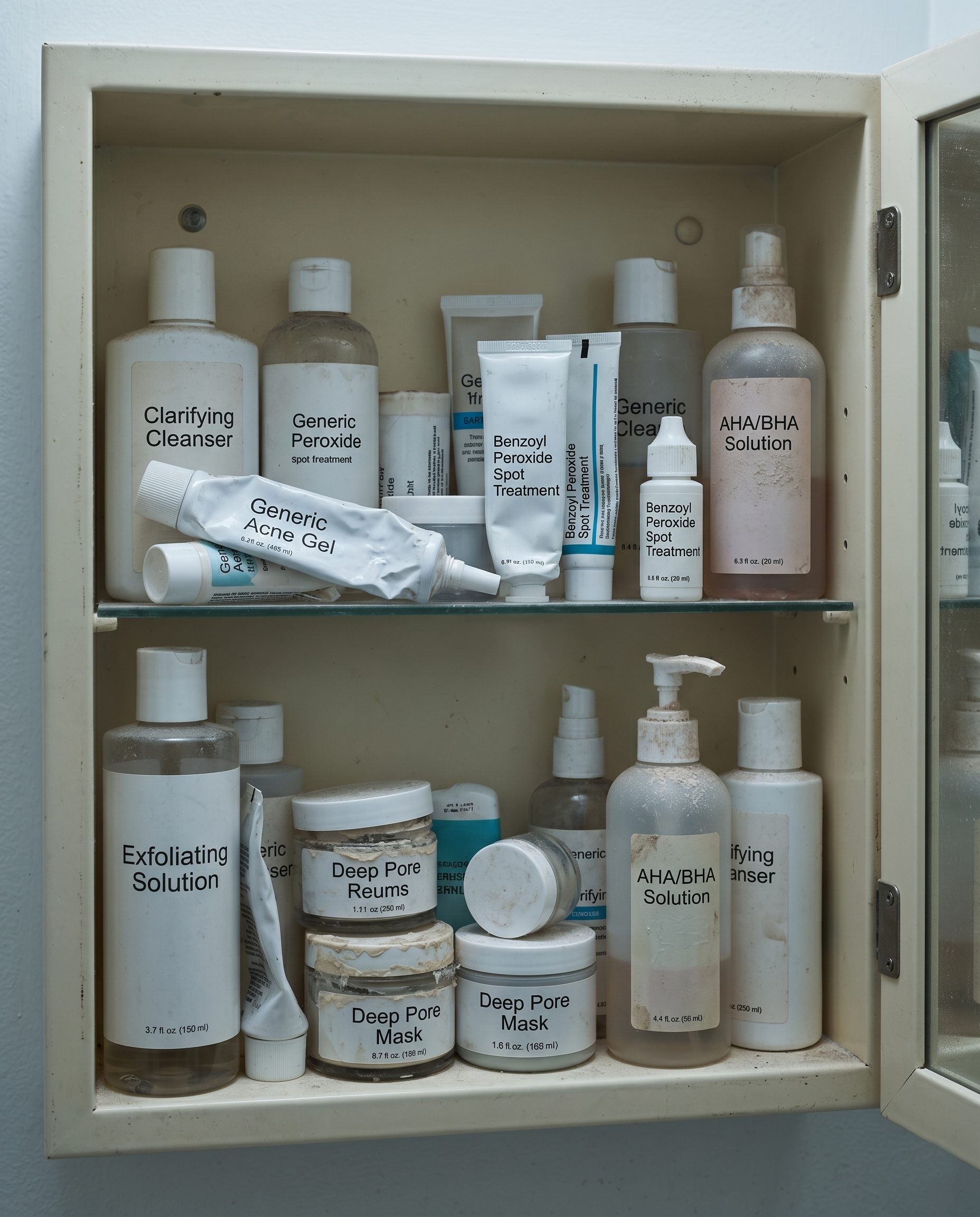Medicine cabinet full of half-used acne products